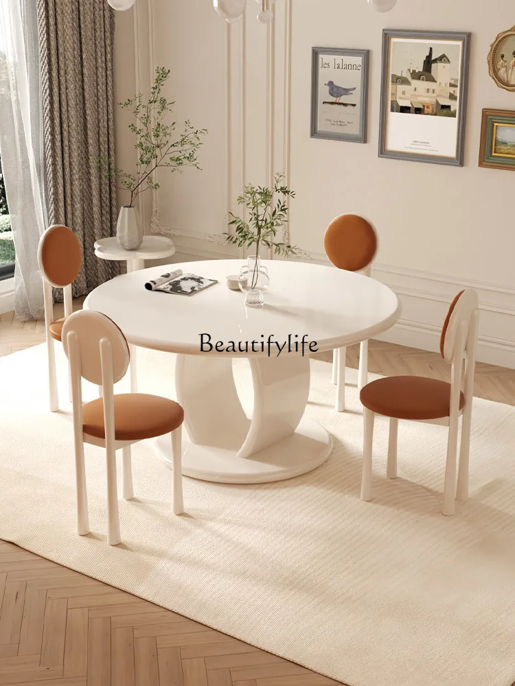 

French Cream Style Dining Table Modern Simple and Light Luxury Round Turntable Dining Table