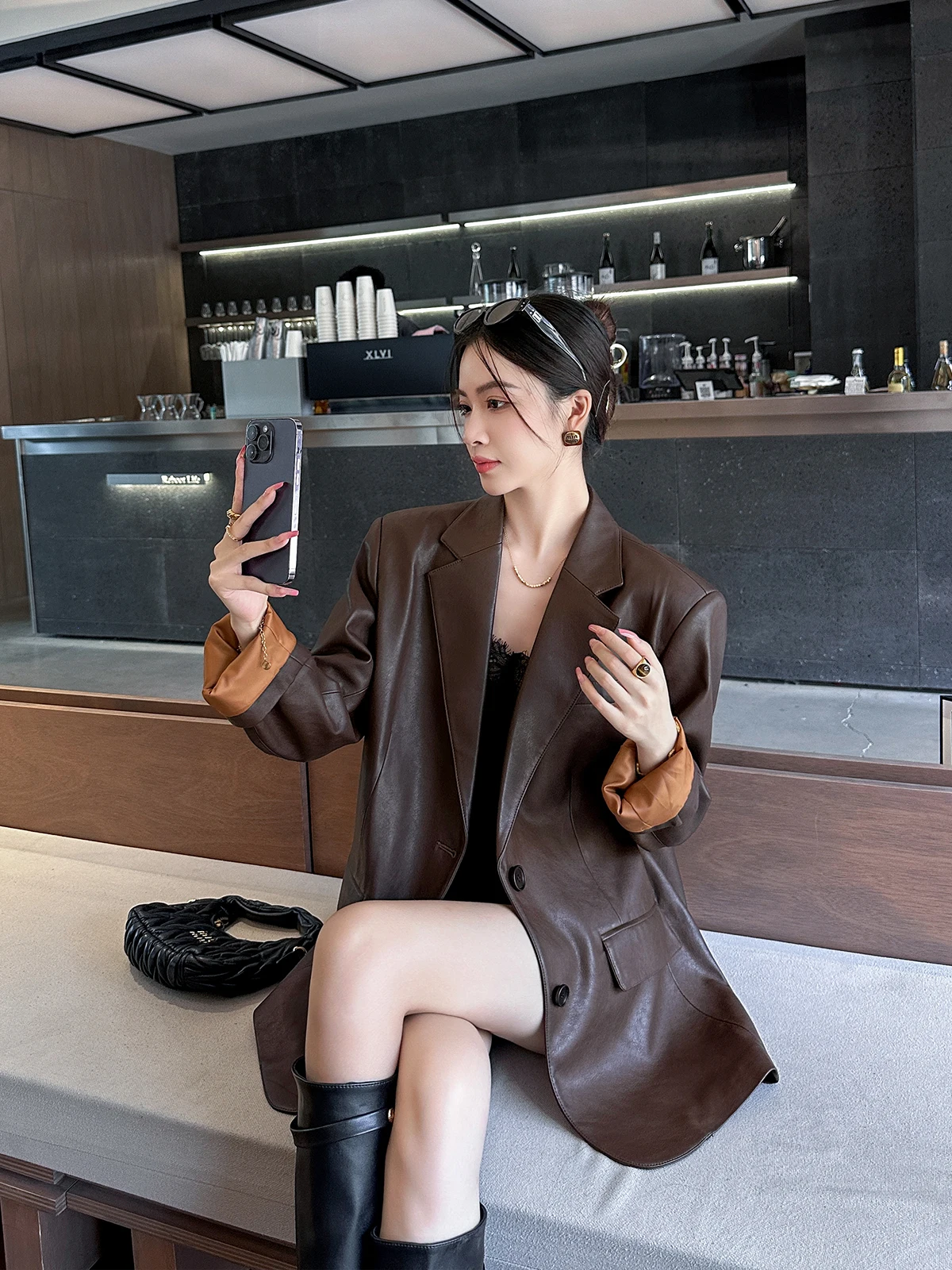 

Binguo Brown PU Leather Suit Jaet Women's Loose Sle Vintage Barn Wind Coat Autumn New Faion Commute Wind Long Sve