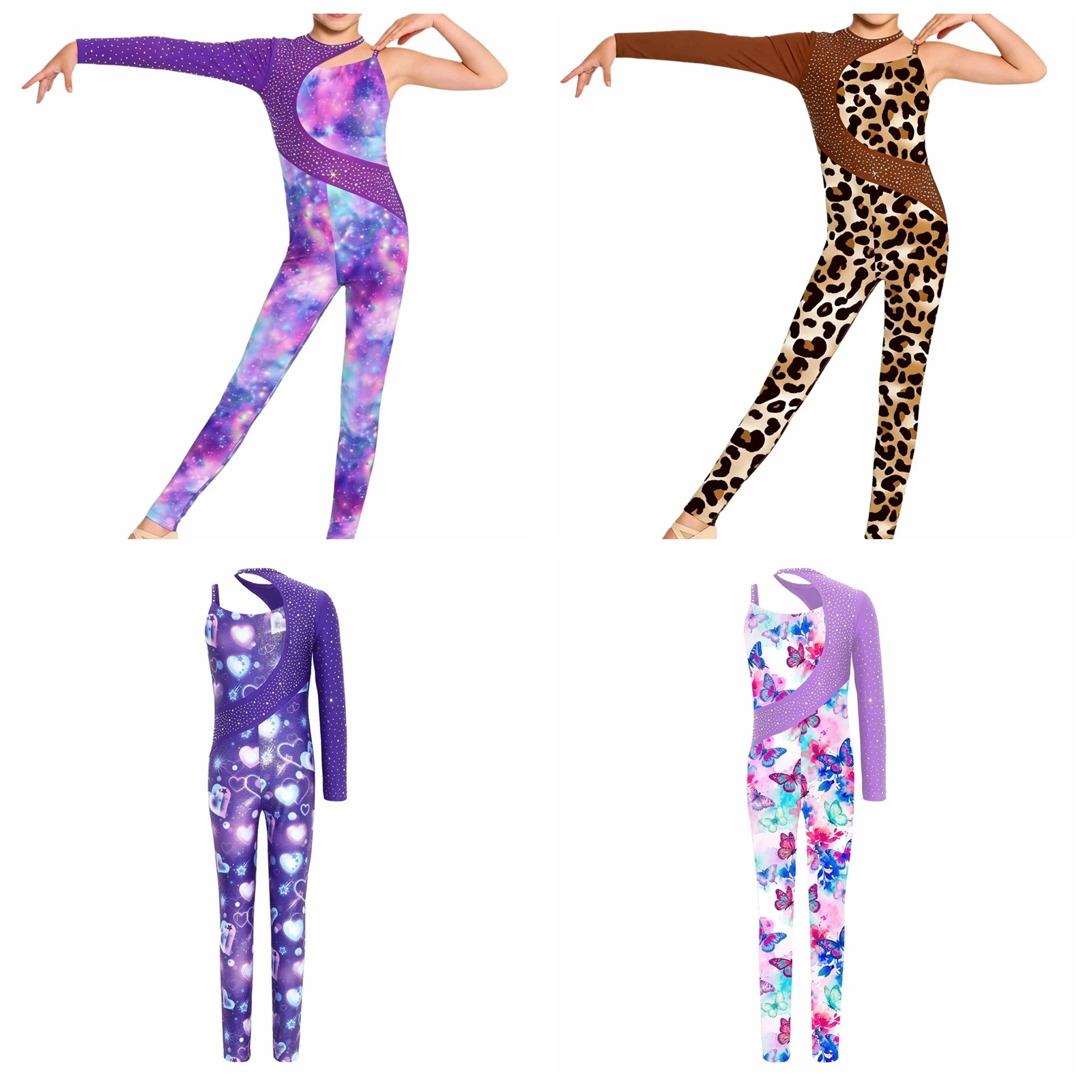 Children Printed Gymnastics Leotards for Girls Jumpsuit Dance Bodysuits Asymmetrical Full Length Bodysuit Ballerina Clothes