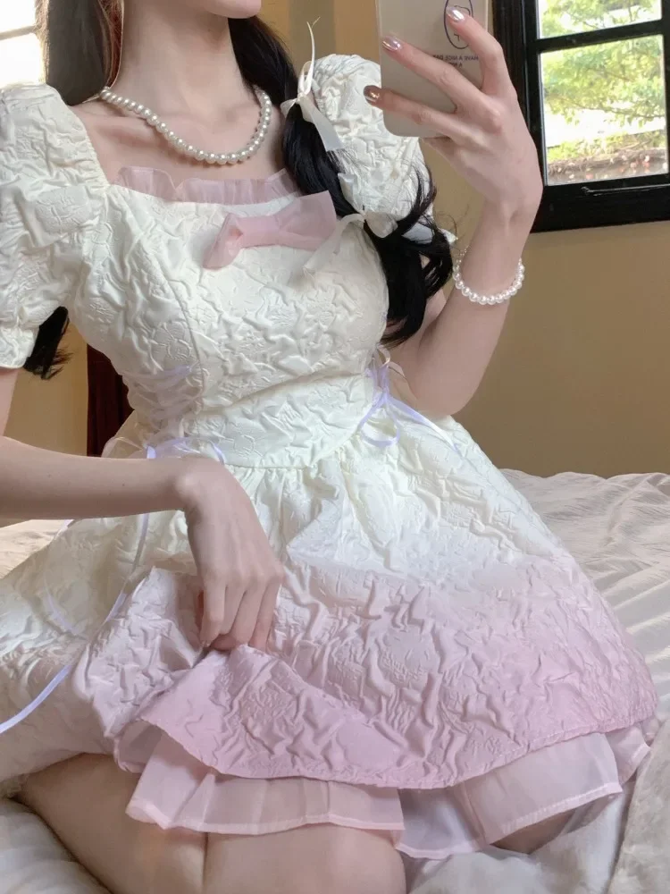 Kawaii Lolita Mini Jurk Vrouwen Zoete Gardient Kleur Boog Bladerdeeg Mouw Taille Een Lijn Prinses Jurken Fairy Party Vestidos