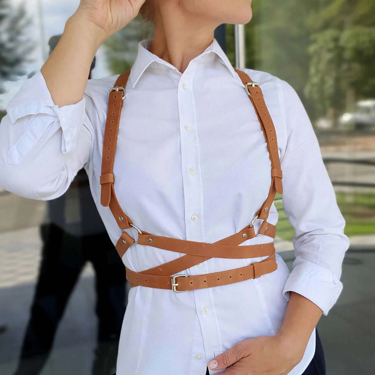 Handcrafted Cross-Strap Leather Corset  Fashionable Women's Adjustable Strapped Waist Cincher