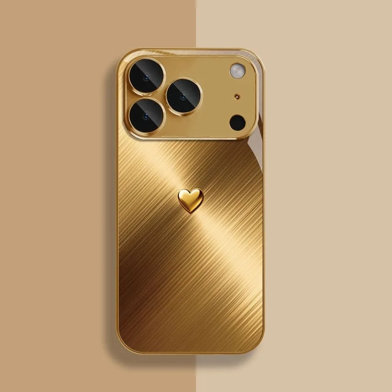 Goldenes Liebesherz-Muster Goldene Metallic-Lackierung Glas-Handyhülle für iPhone 18 17 Pro Max 11 12 13 14 15 16 Plus 17Air 16E Cover – Detail 1