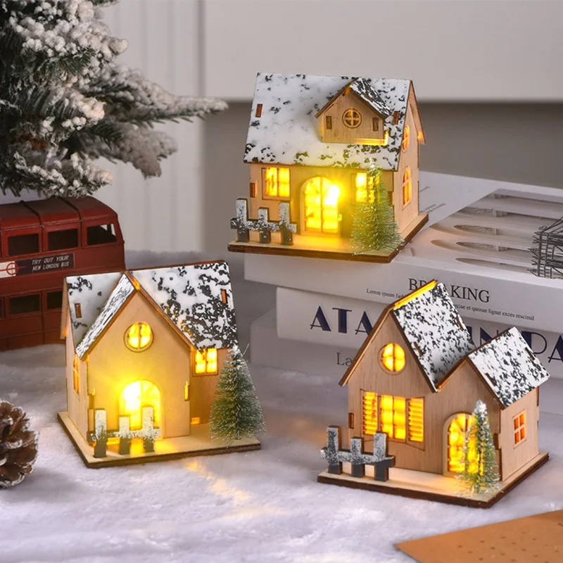 LED Wooden Christmas House Village Unfinished Xmas Snow House DIY Wood Chalet Tree Ornaments Christmas Table Centerpieces