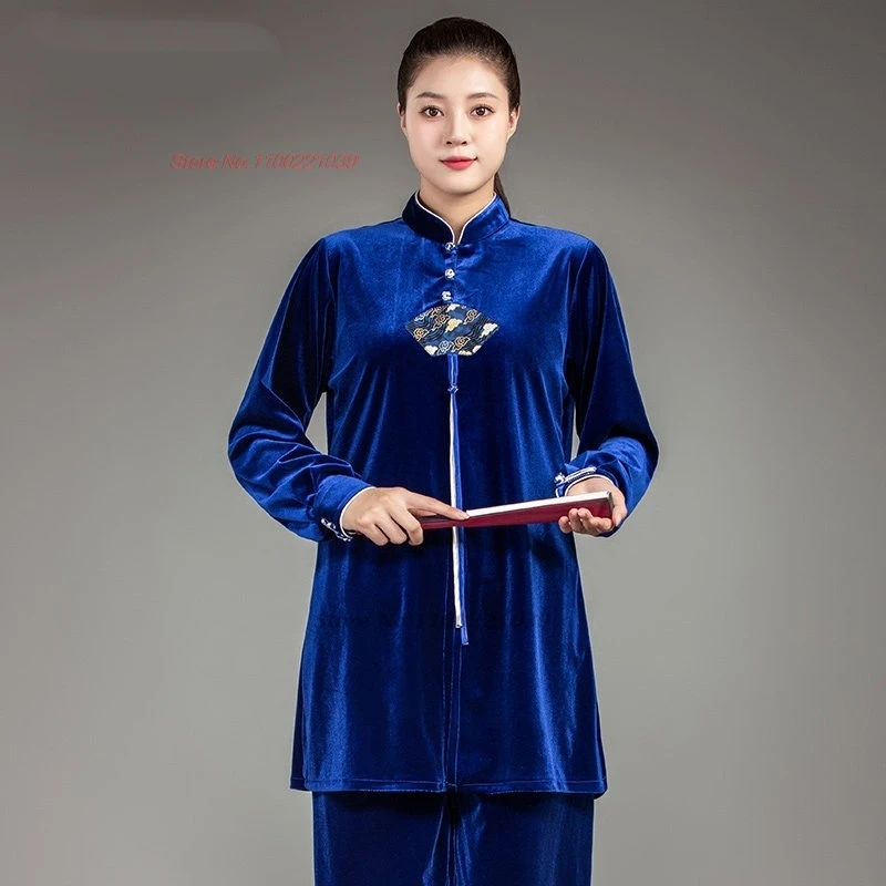 

2026 chinese vintage tai chi martail arts thickened velvet tops+pants traditional kung fu tai ji training exercise performance