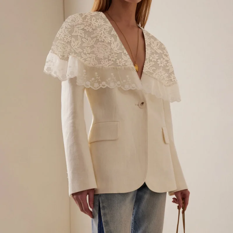 

Modigirl Casual Coat Women Autumn Winter Elegant Deep V-Neck Single-button Ruffle Lace Design Long Sleeves Jacket Woman 2025