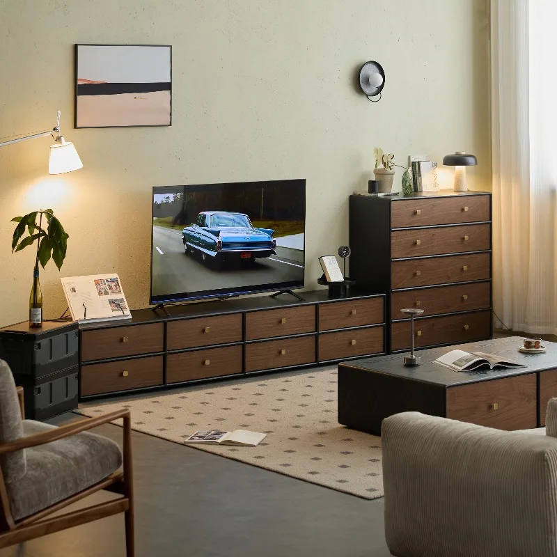 

Medieval solid wood furniture, fashionable and simple, modern light luxury floor coffee table TV cabinet, combined storage