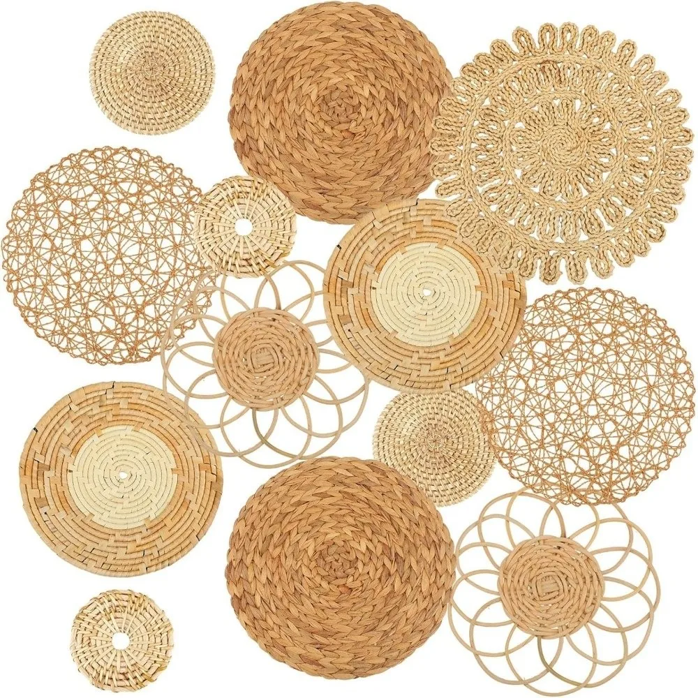Boho Straw Woven Tray Wall Decor Macrame Round Basket Straw Wall Hangings Non Slip Heat Resistant Woven Coaster Placemat