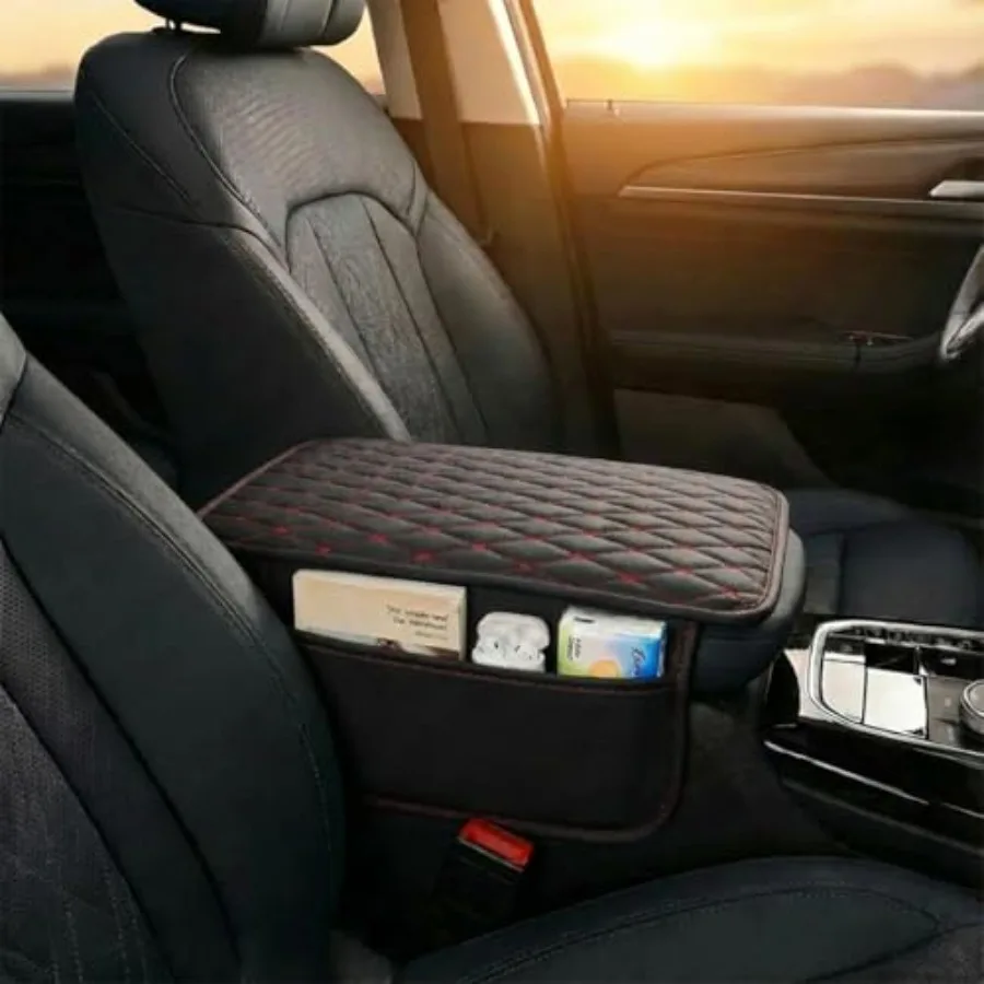 

Car Center Console Cover, Stylish Leather Auto Armrest Box Pad with 2 Storage Bags, Waterproof Middle Console Cover Protector,