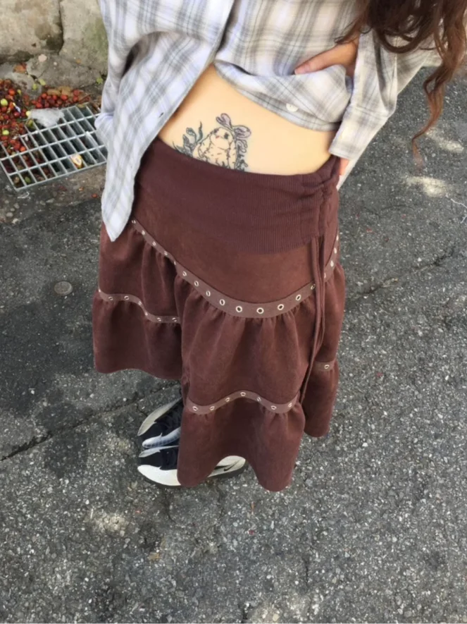 

Уникальная винтажная юбка-полусолнце SEI в корейском стиле с металлическим кольцом и боковой завязкой, универсальная миди-юбка А-силуэта для повседневной носки, с высокой талией