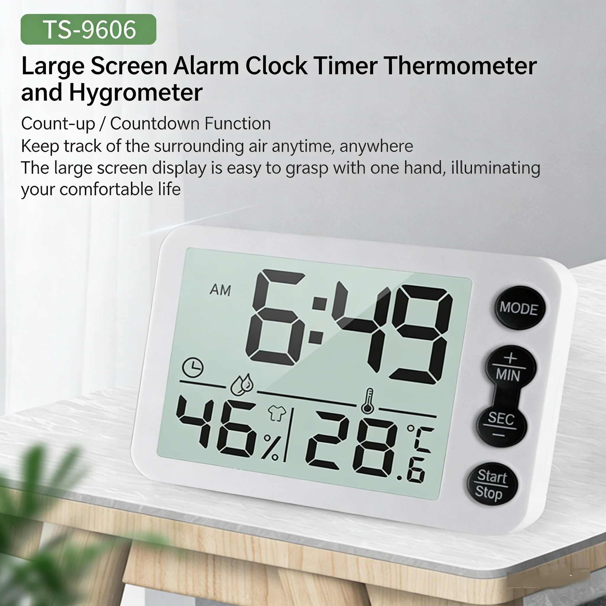 TS-9606 Multifunctional Digital Thermometer Hygrometer,Large Screen Alarm Clock Timer,°C/°F Switch, Magnetic Back,For Indoor Use
