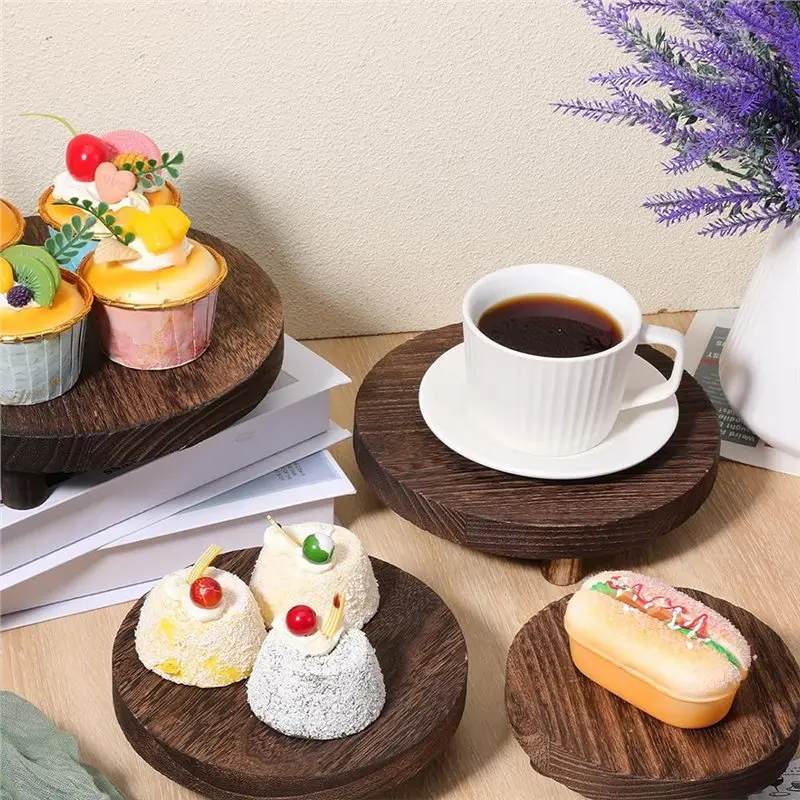 PORK-Display Stand For Round Wood Risers 4 Pcs, Rustic Wooden Riser Holder Tiered Tray Decor In 4 Sizes For Kitchen Counter, Bro