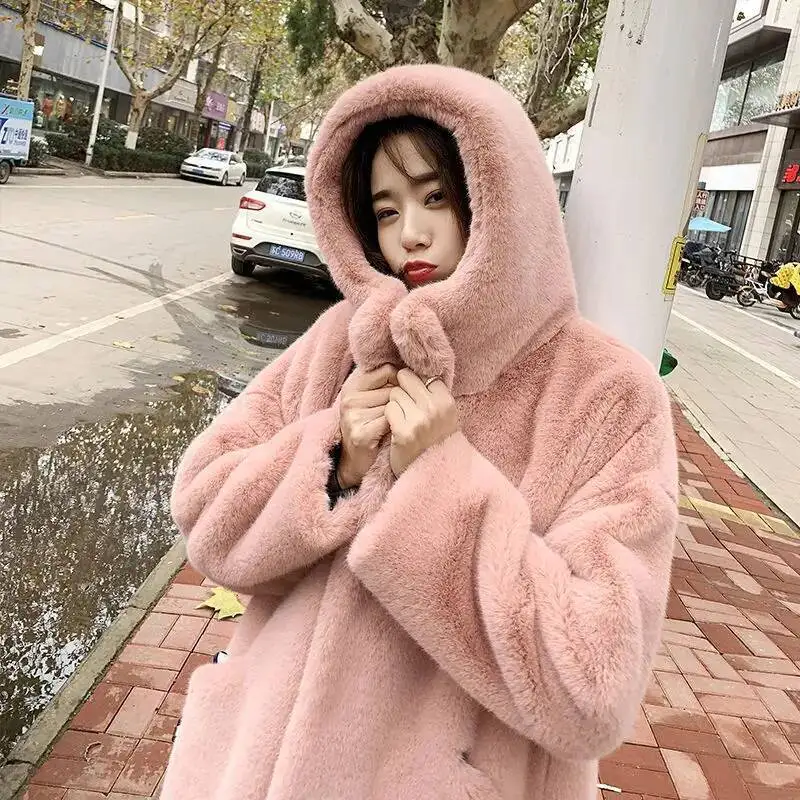 

New Autumn Winter Korean Version Imitation Mink Fur Mink Velvet Fur Coat Thickened Long Loose Hooded Coat for Women Light