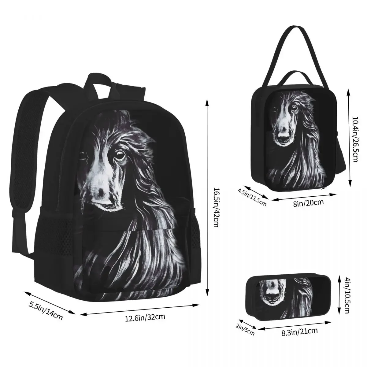 Afghan In Shadows Black Afghan Hound Backpacks Bookbag Children School Bags Kids Rucksack Lunch Bag Pen Bag Three-Piece Set