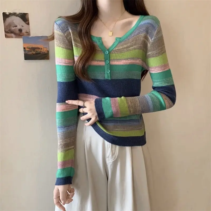 Women Trendy Striped Patchwork Chic Sweet Knitwear Spring Autumn Casual Round Neck Long Sleeve Pullover Tops Female Slim Jumpers