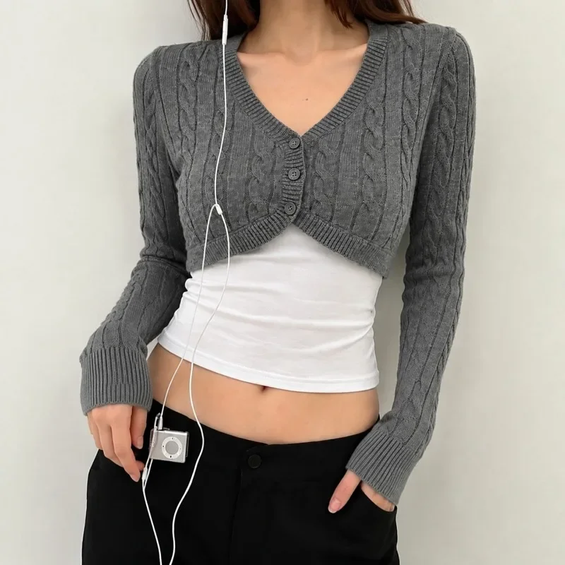 Vintage College Style V-neck Three Button Short Cardigan Temperament Casual Long Sleeve Fried Dough Twists Shape Knitting Coats