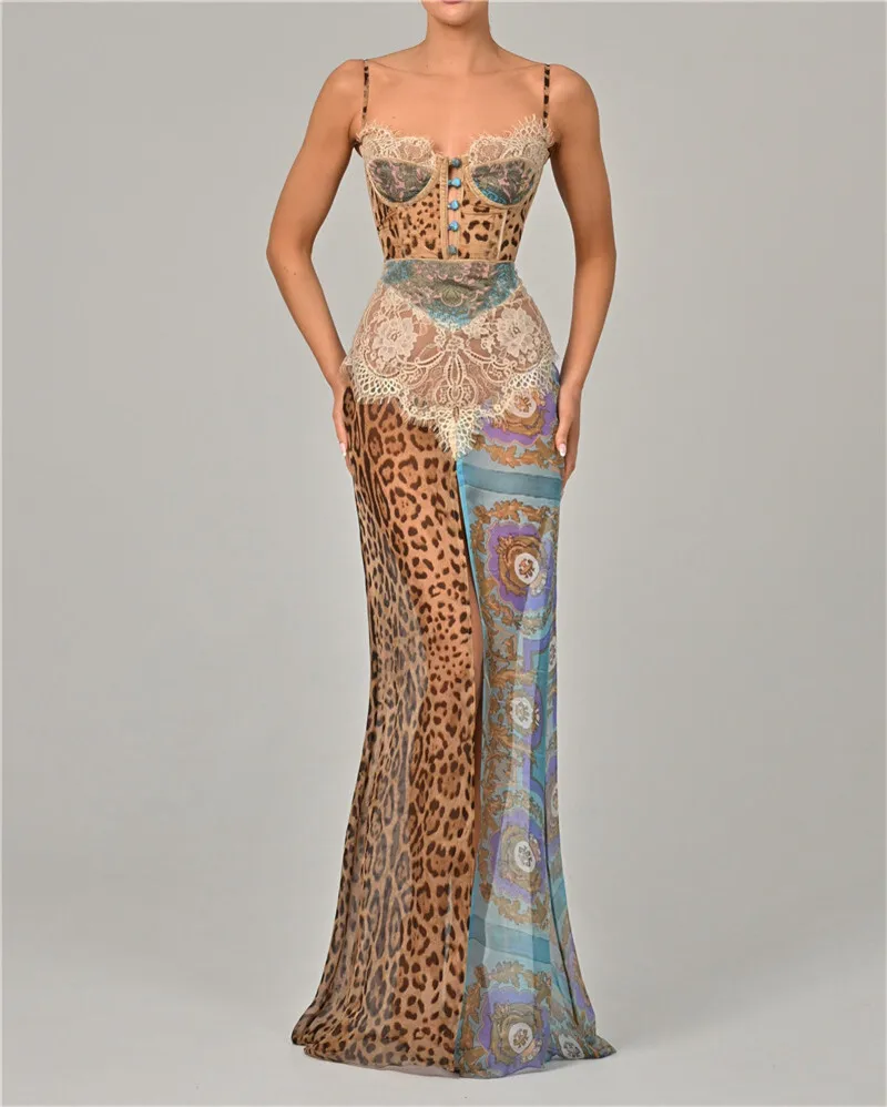 Mozision Leopard Print Lace Split Sexy Maxi Dress Women Gown Elegant Patchwork Chiffon Sleeveless Backless Beach Evening Dress