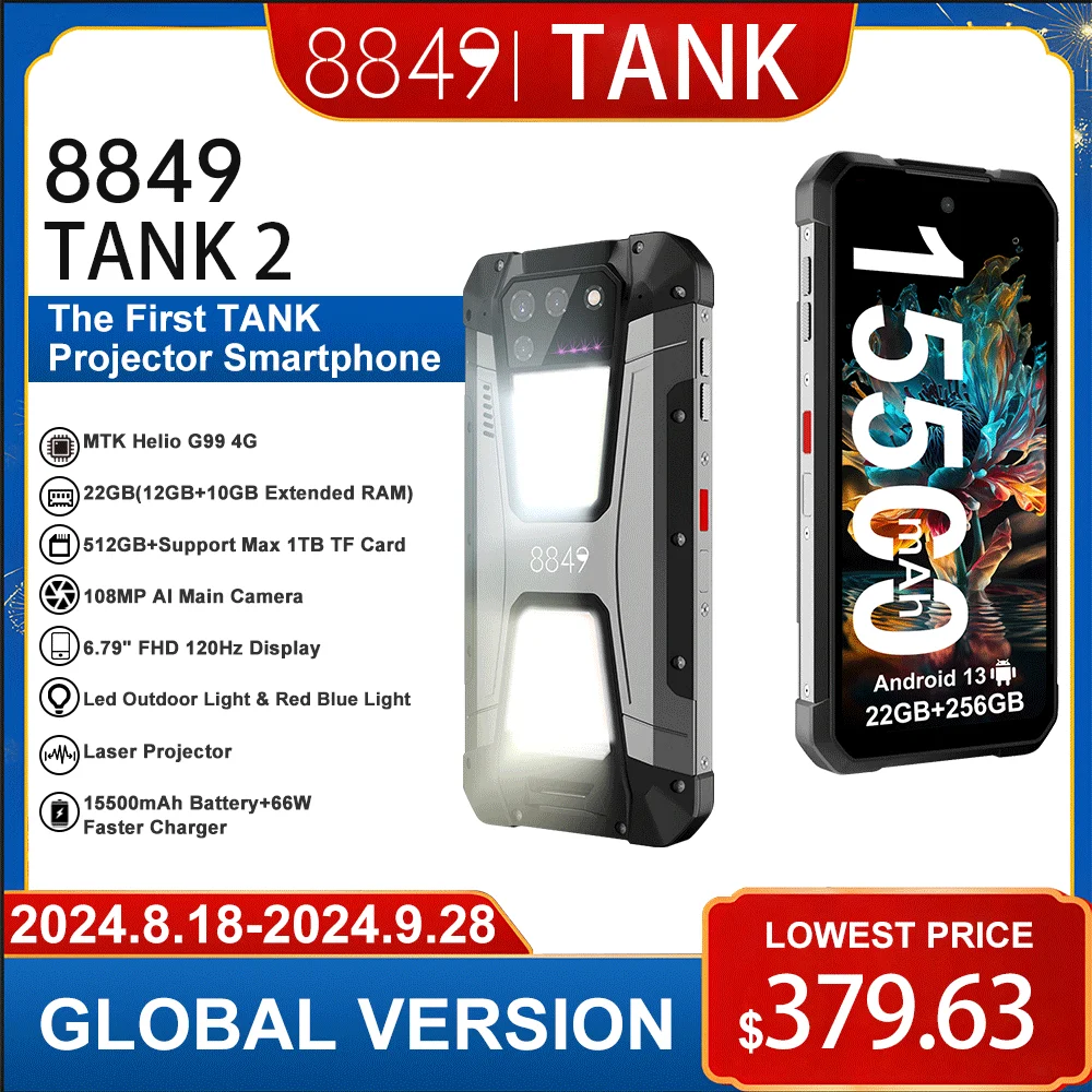 8849 Tank 2 Rugged by Unihertz Projector 22GB RAM 256GB ROM 108MP Camping Light 64MP Super Night Vision G99 15500mAh TF NFC