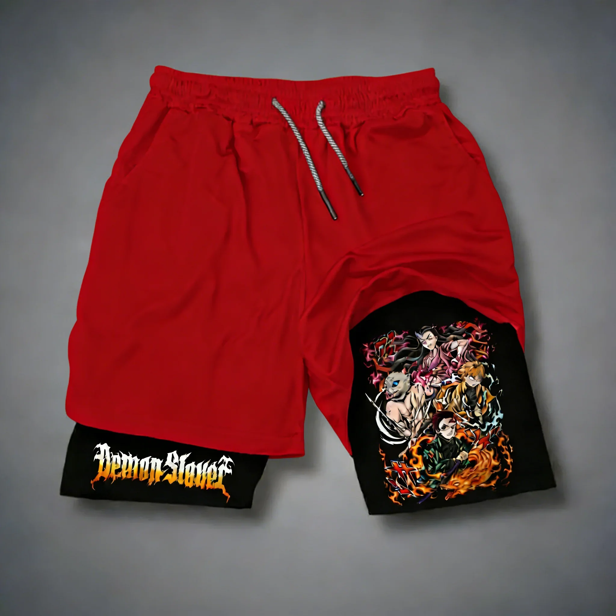 

Шорты Demon Slayer Anime 2-в-1, новые летние мужские и женские шорты для фитнеса, быстросохнущие, дышащие, футбольные, двухслойные шорты