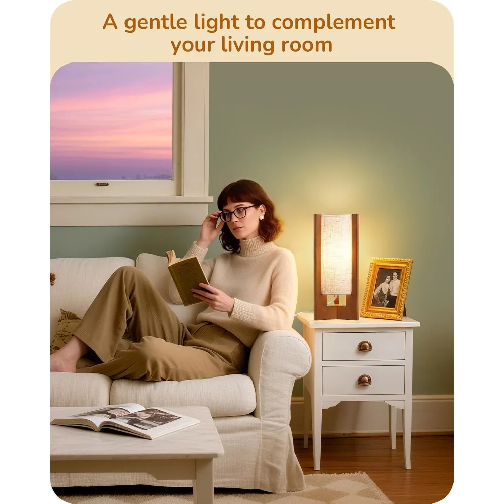 13.5" Small Table Lamp with Walnut Wood and Beige Linen Shade for Modern Bedside Lighting view 6
