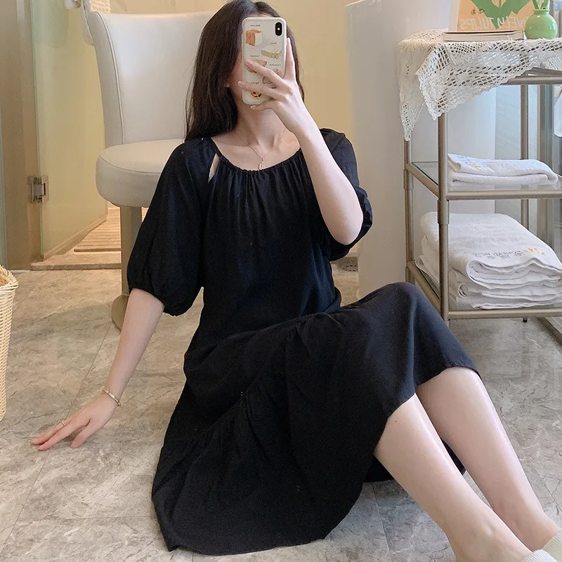 Round Neck Pajamas Home Clothes Thin Cotton Silk Nightgown Solid Color Sleepwear Short Sleeve One-piece Dress Women's Clothing