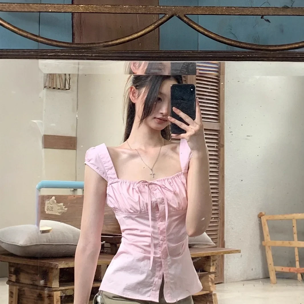 

Elegant Short Sleeve Women's Shirt Pink Summer 2025 New Style French Top Fashion Design Button up Cotton Blend Slim Fit Shirt