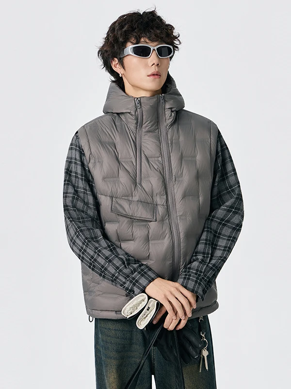 

Lightweight Du down Vest Men's Winter Coat Large Size Printed Hooded Jaet Youth Faion Sle Thiened Zipper Closure