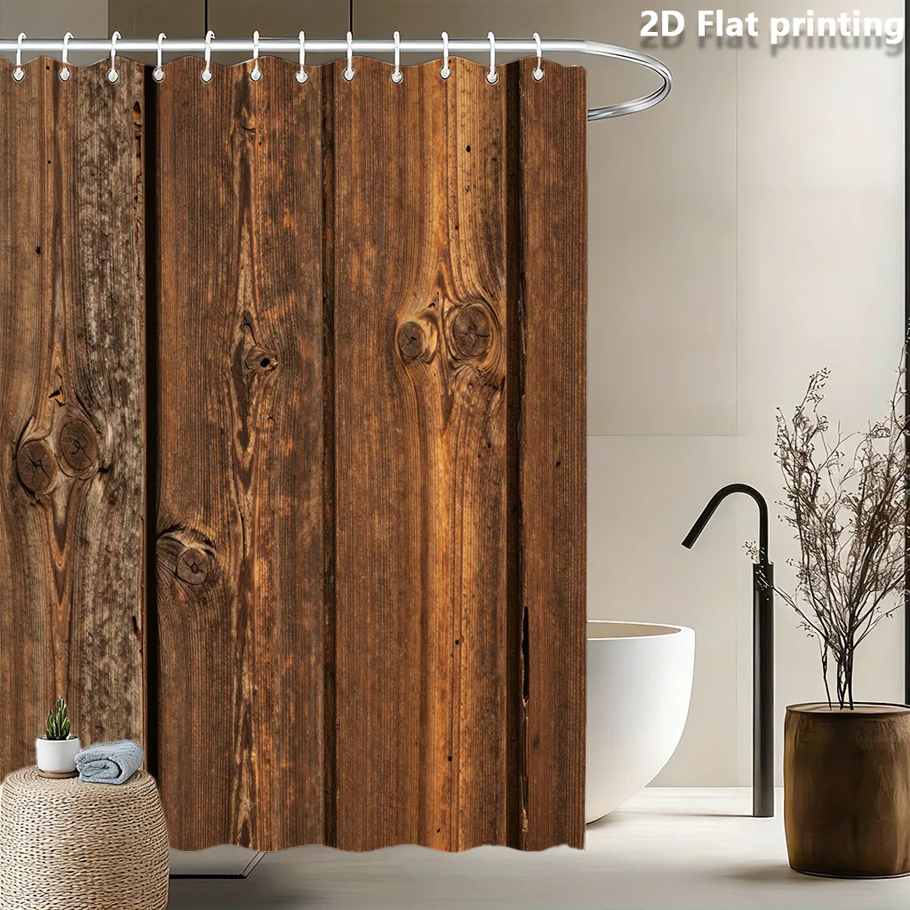 2D Flat, 2D Flat, 1pc 2D Flat Printed Shower Curtain Featuring a Rustic Wood Design, Ideal for Different Settings And Home Decor