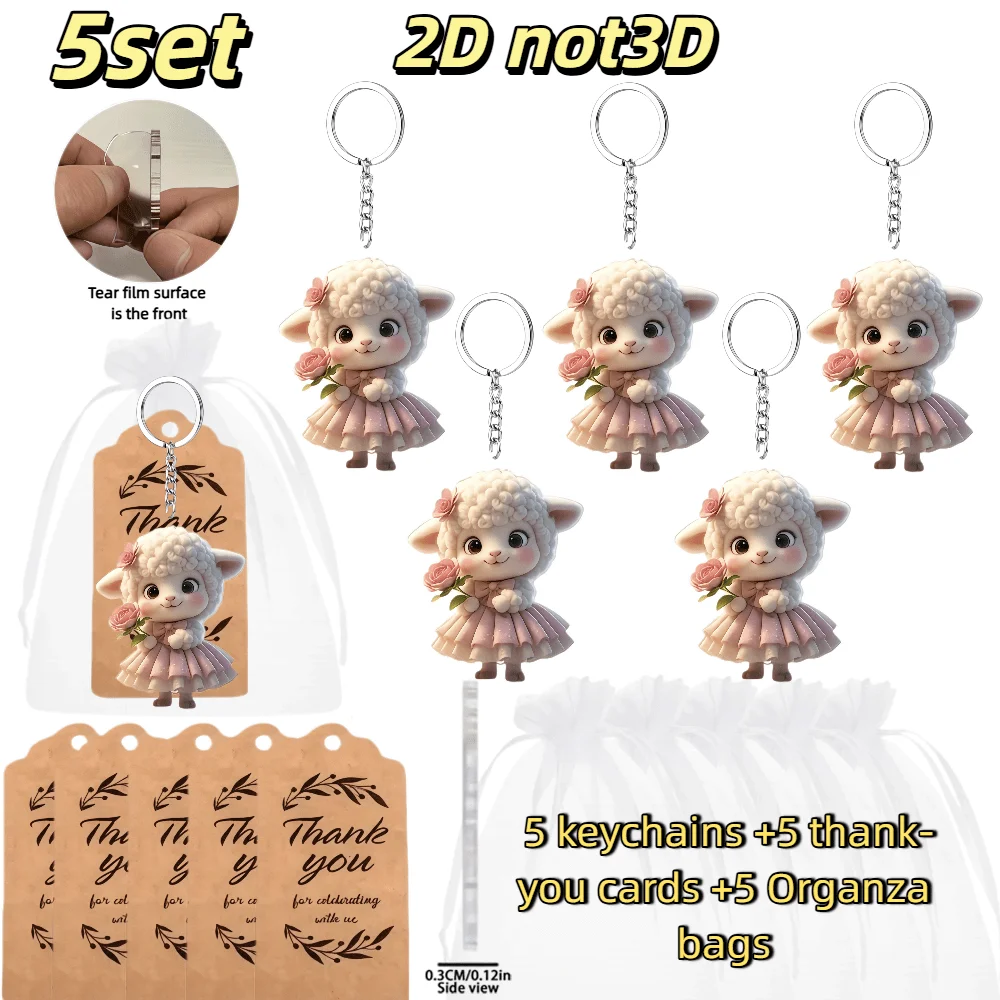 5Sets Lamb Keyring Packs Includes Acrylic 2D Pendants & Thank You Cards & Gift Organza Bags Event Giveaways Packaging Decoration