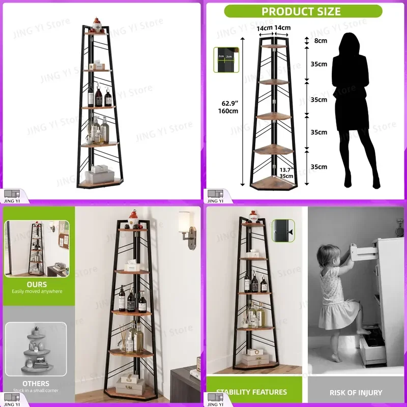 

5-Tier Corner Bookshelf Industrial Ladder Style Wooden Display Shelf for Living Room Office Rustic Brown Floor Standing
