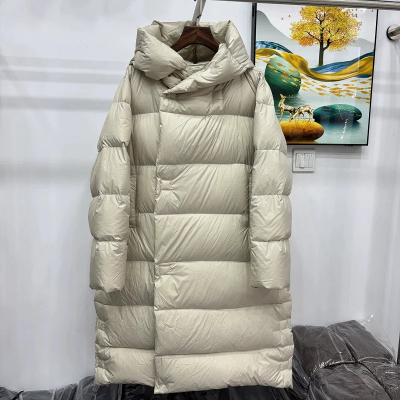 Schinteon Women's White Duck Down Long Jacket Autumn Winter Warm Thick Outwear with Hood Loose Coat 2025 New Solid Color Real Pi