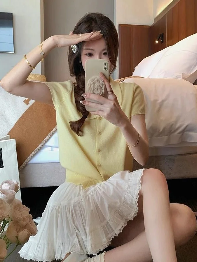 

Yellow Doll Collar ort Sve Knitted T-irt Sweet Youthful Size Summer Top for Women Casual Commute Sle Loose Fit