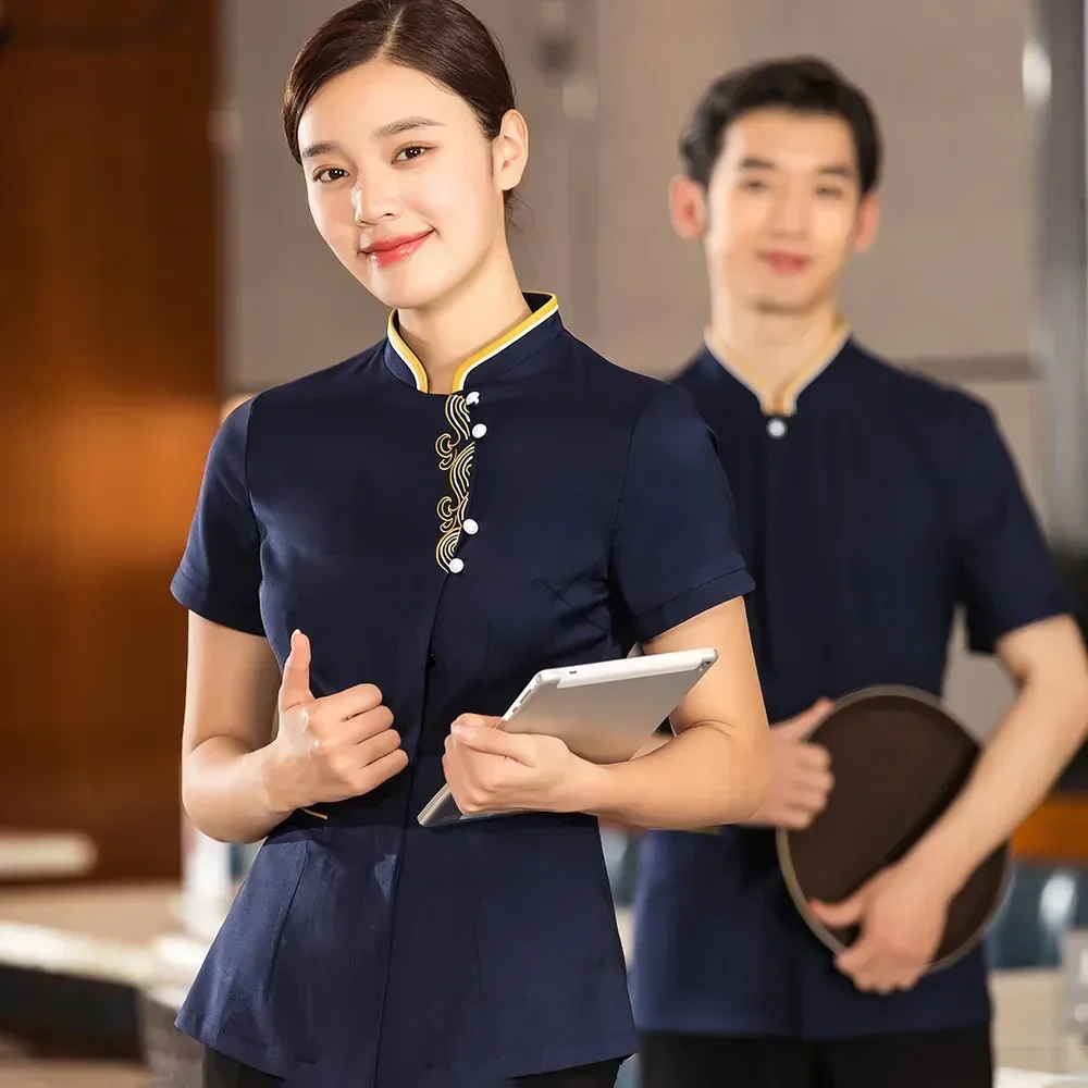 Women Coffee Work Hotel Men New Western Overalls Uniform Shop Shirt Restaurant Logo Slim Custom Waitress Waiter Embroidery