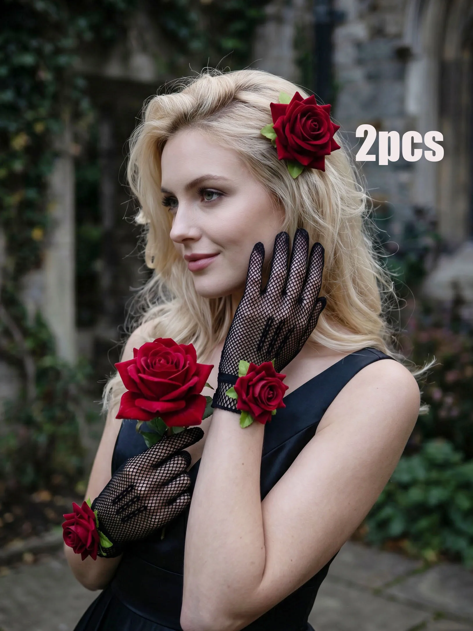 2Pcs Adult Women Vintage Red Rose Hair Clips Black Fishnet Full Finger Gloves Halloween Dark Wedding Party Costume Accessory Set