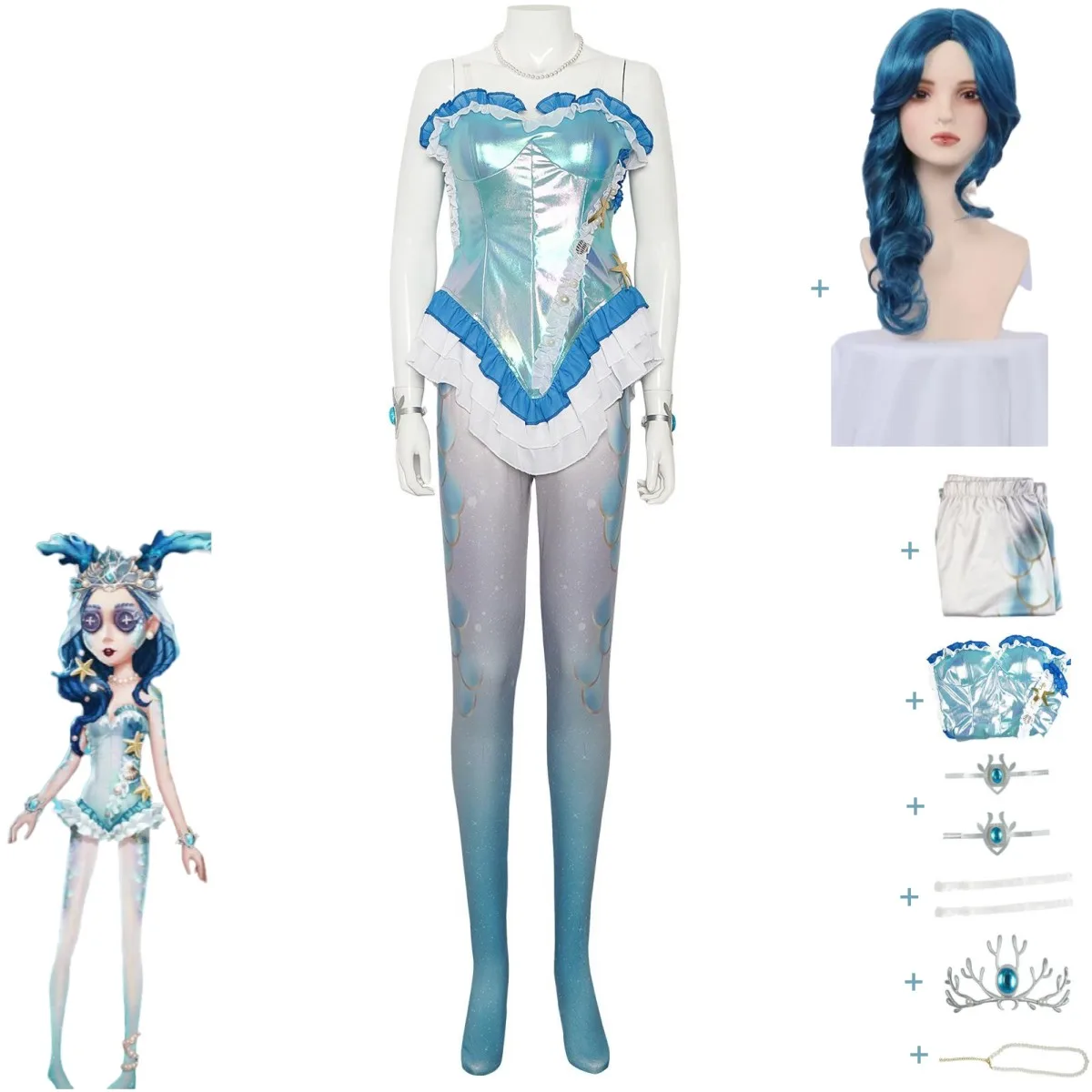 

Anime Game Identity ⅤFiona Gilman Priestess Cosplay Costume Survivors Blue Bodysuit Sexy Uniform Suit Wig Carnival Party Set