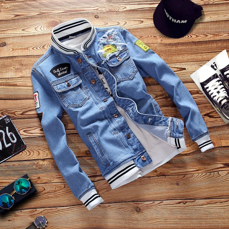 Denim Jacket Men Sportswear Outdoors Male Streetwear Spring Casual Slim Fit Stand Collar Pilot Jackets