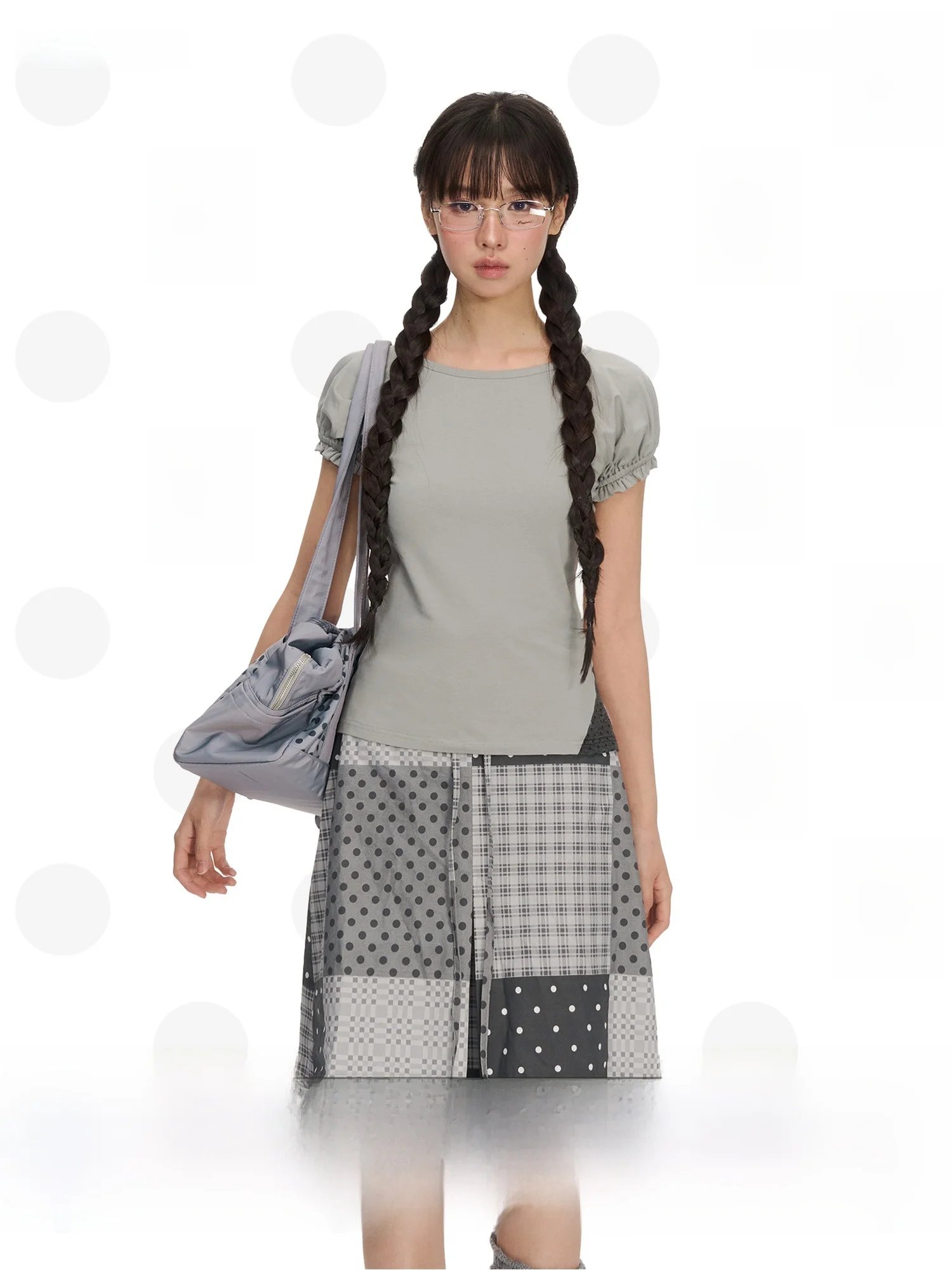 

NECY Original Bubble Sve T-irt Polka Dot Splice Design Summer Sweet Cool Women's Slim Fit ort Sve round Ne Top