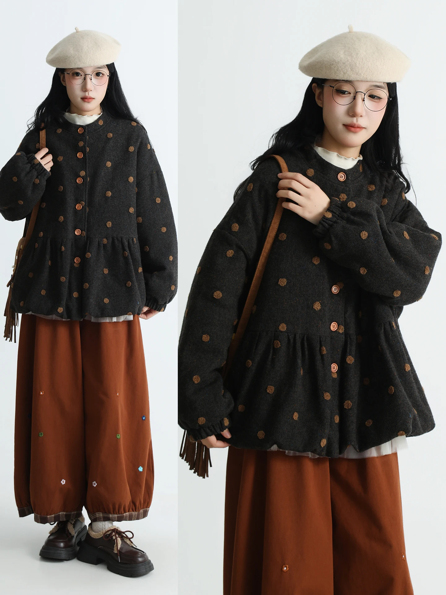 

Утепленное хлопковое пальто женское зимнее винтажное, омолаживающее, в клетку, свободного кроя, универсальная верхняя одежда BOUREN, пальто в горошек