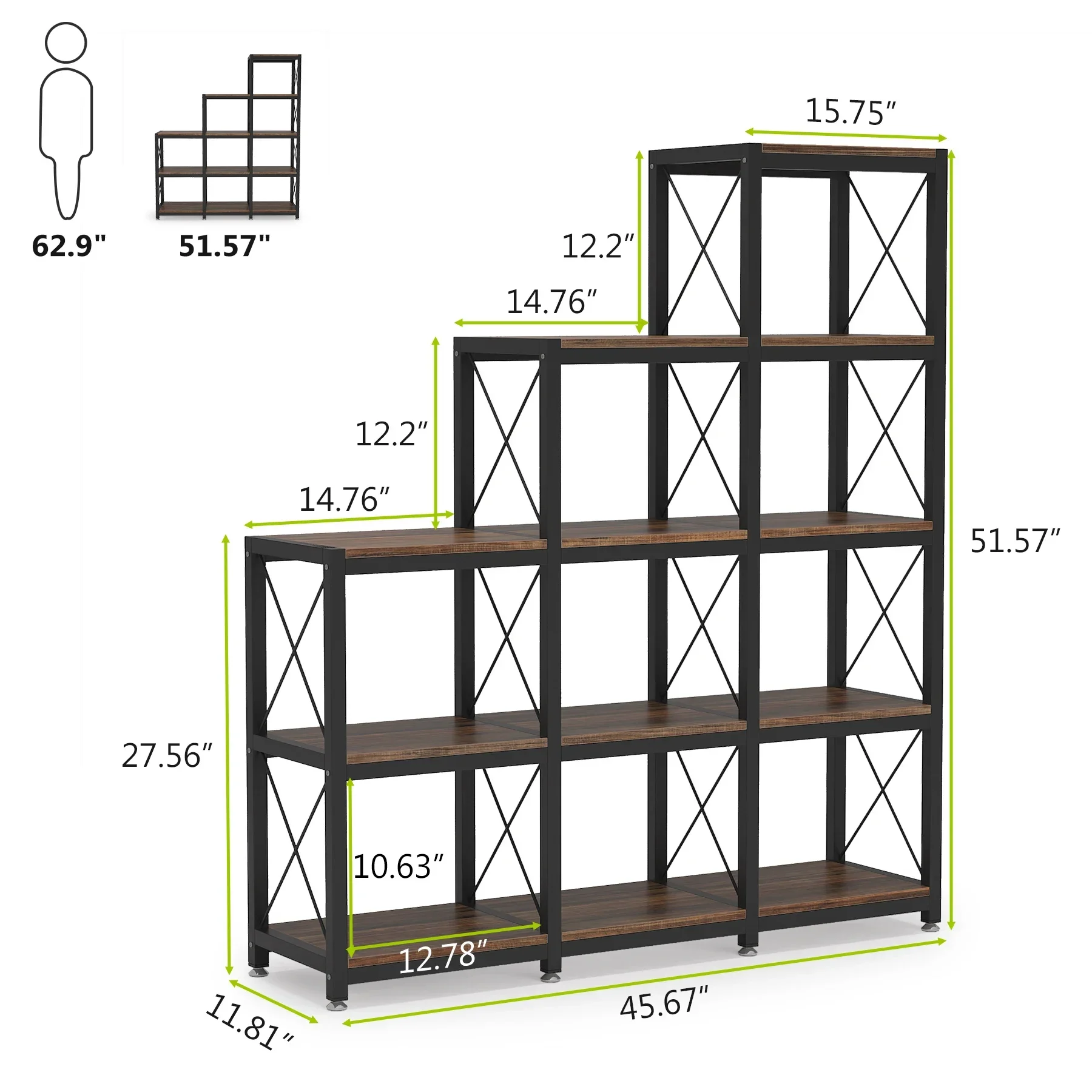 Tribesigns 12 Shelves Bookshelf, Industrial Ladder Corner Bookshelf 9 Cubes Stepped Etagere Bookcase