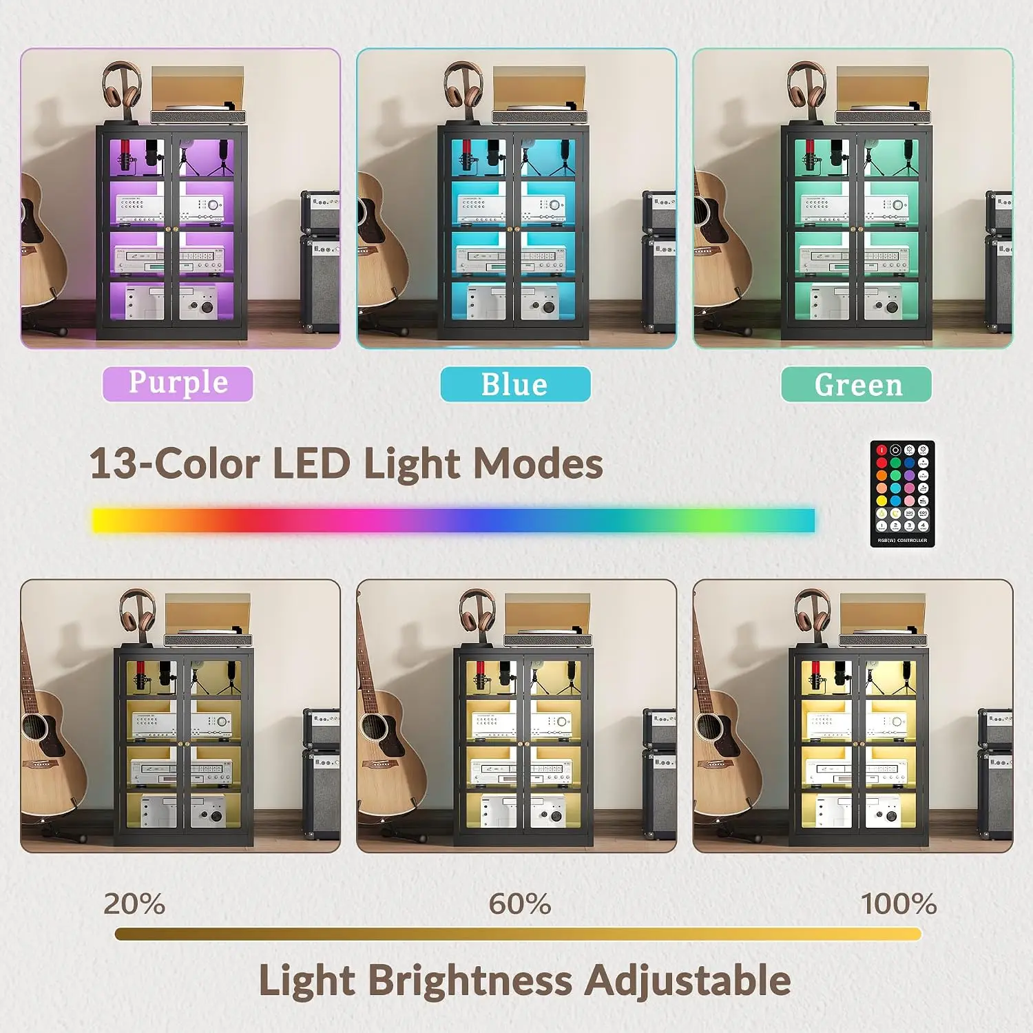 Metal Media Cabinet with 13-Color LED Lights, Stereo Cabinet with Glass Doors & Adjustable Shelves Audio AV Rack with Cable Mana