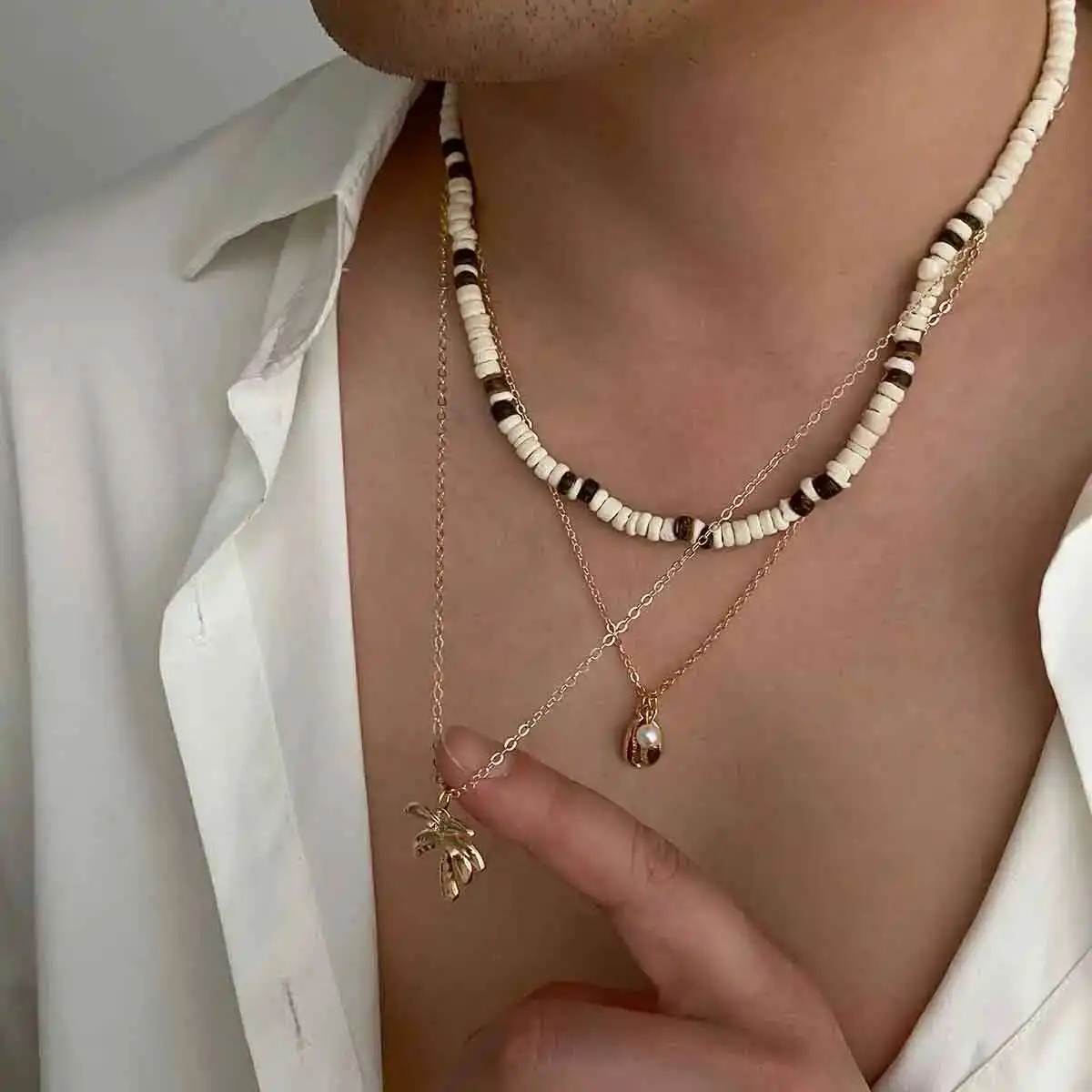 KunJoe 3Pcs Vintage Wooden Beads Chain Choker Necklace for Men Scallop Coconut Tree Pendant Necklace Male Jewelry on the Neck