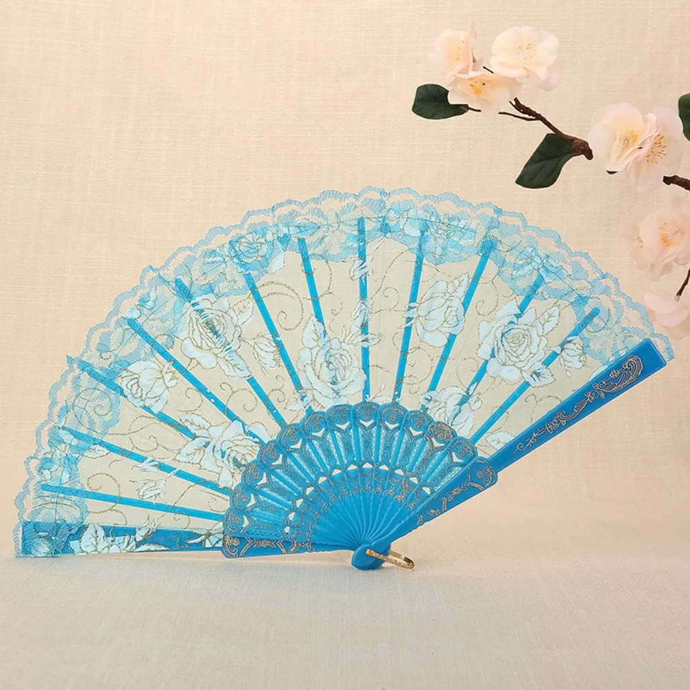 Craft Handheld Ladies Lace Hand Fan Plastic Handle Rose Pattern Folding Fan Translucent Spanish Fan Summer