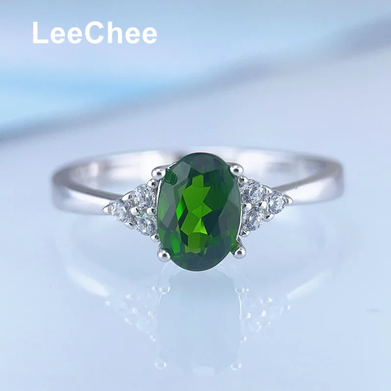 S925 Strling Silver Ring for Women Anniversary Party Gift Natural Green Gemstone Fine Jewelry 5*7MM Oval Chrome Dopside Ring