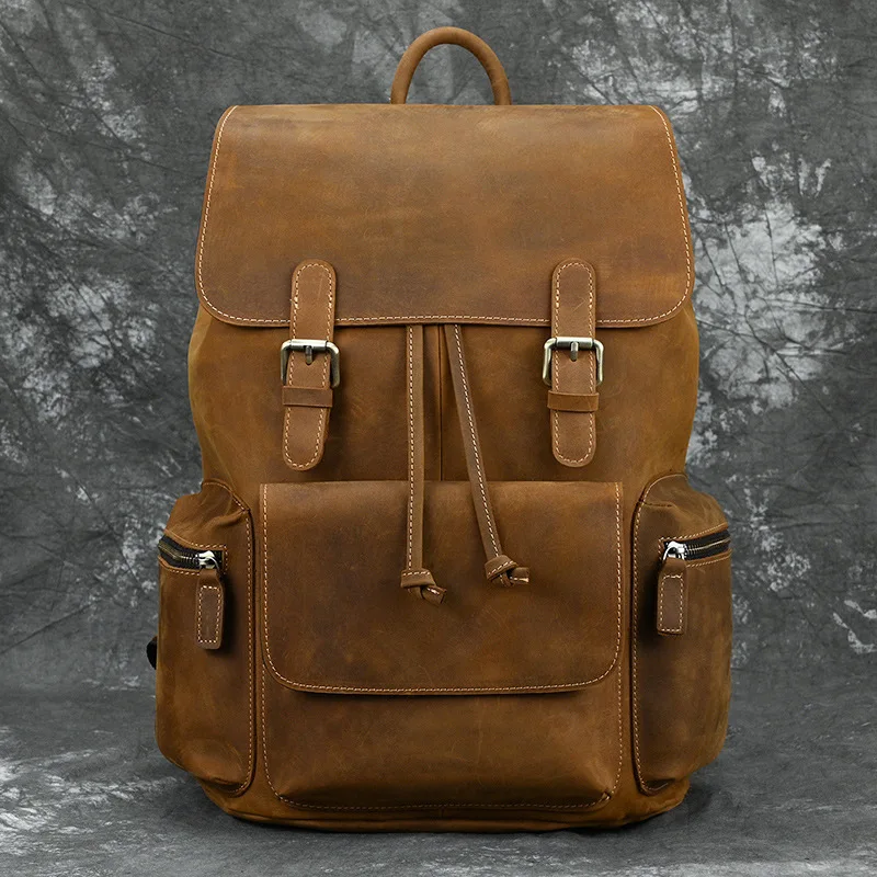 Genuine Leather Backpack for Men, Retro Style, Top-layer Cowhide Double Shoulder Bag