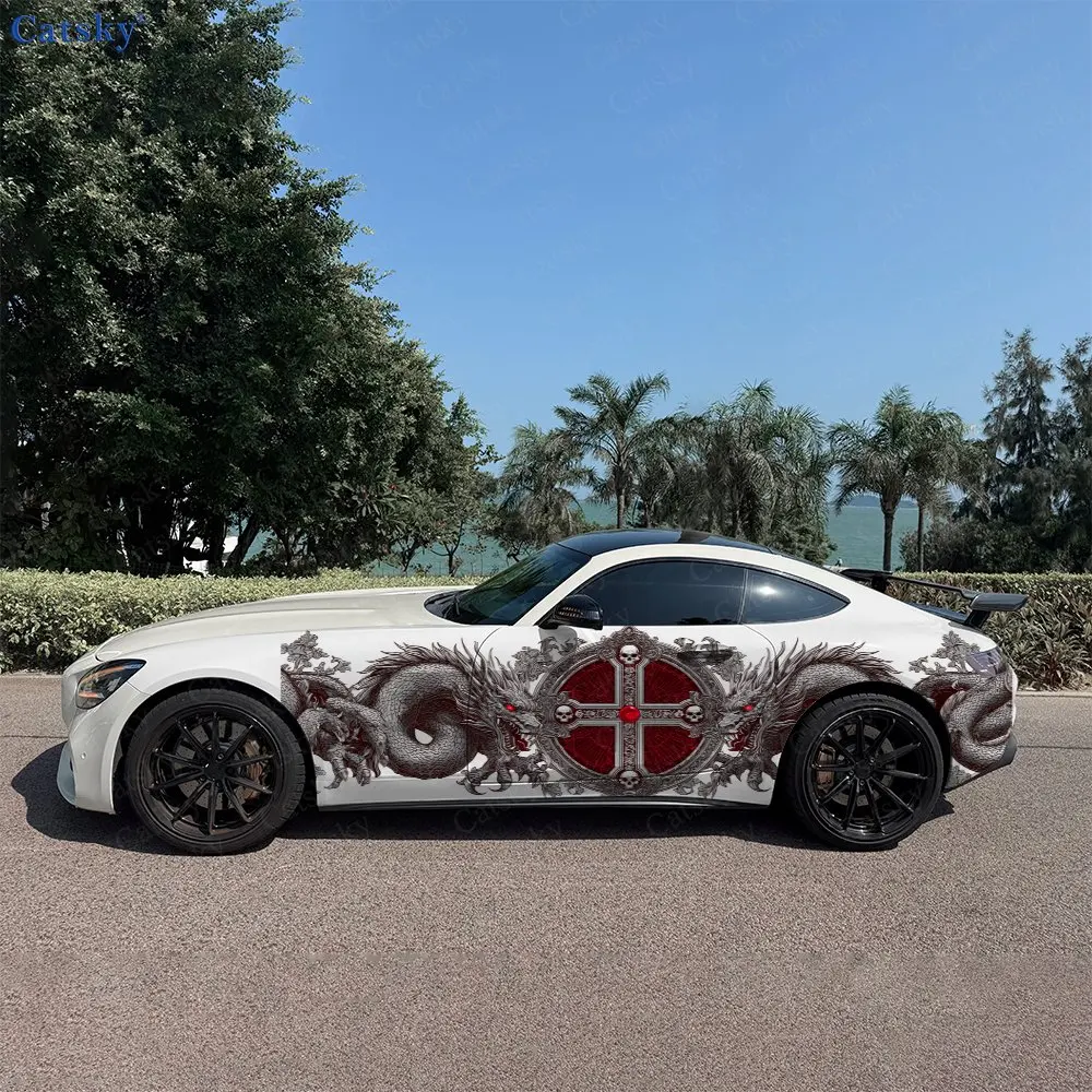 

2pcs Dragon Cross Skull Car Side Wraps, Self-Adhesive PVC Waterproof & Scratch-Resistant Stickers, Car Accessory Gift