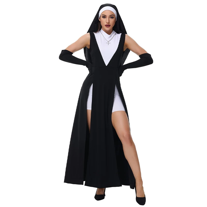 Women Sexy Naughty Marys Nun Halloween Dress Up Black Sultry Sinner Nun Costume