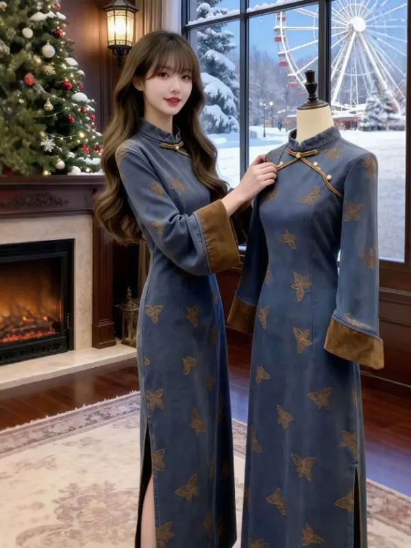 

Ципао с принтом в стиле ретро, новый китайский Sle, национальный тренд, модифицированное женское платье с разрезом Long Sve на осень и зиму...