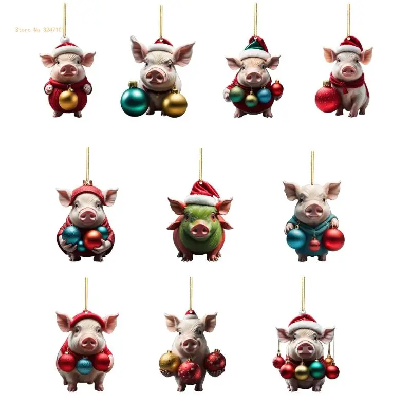 Lovely Pig Santa Hat Christmas Tree Ornament Car Rearview Hanging Pendant Decor Dropship