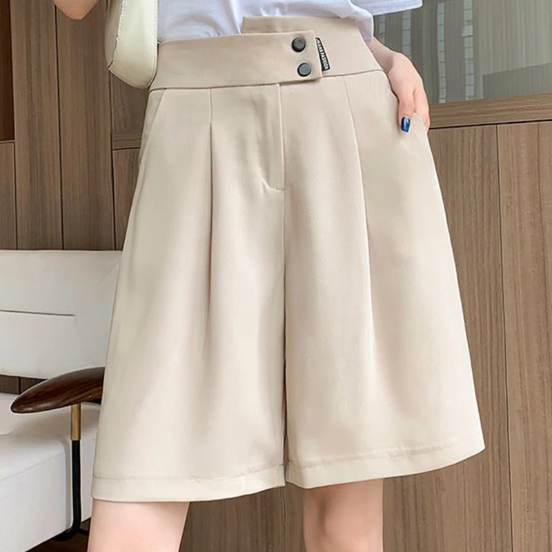 Summer New Korean High Waisted Thin Suit Shorts Women\'s Solid Zipper Button Pockets Loose Casual Fashion Simple Wide Leg Shorts