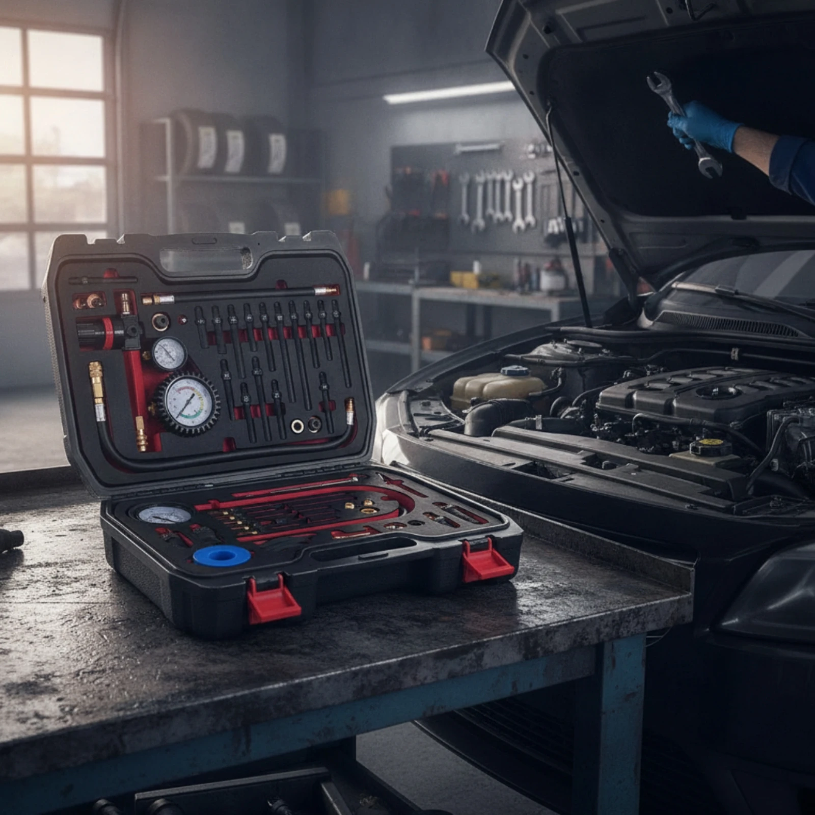 Auto Repair Shop Diagnostics - ชุดทดสอบแรงดันเครื่องยนต์ ชุดเกจวัดแรงดันระดับมืออาชีพ พร้อมกล่องเก็บ ทนทาน เหมาะสำหรับช่างเครื่องและร้านซ่อมรถยนต์