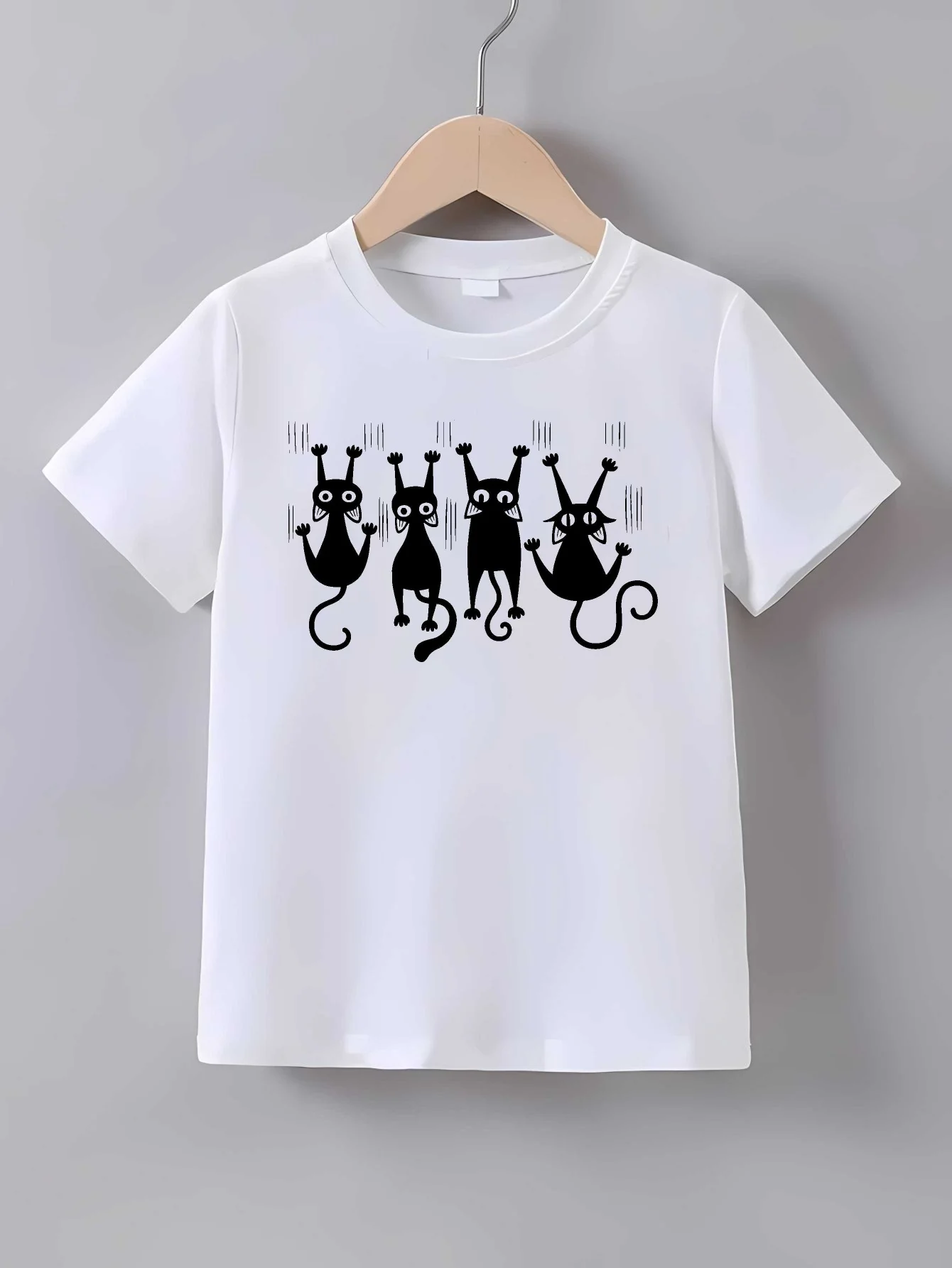 Four Hanging Black Cats Silhouette Print T Shirt Family Matching Outfit Boys Girls Kids Short Sleeve Cartoon Children Daily Tees